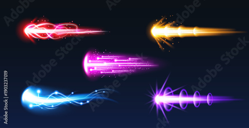 Cartoon fire blast effect with energy trails and glowing beams, isolated vector illustrations on black. Game gun effect UI design elements, comic style laser weapon with dynamic action, vibrant colors