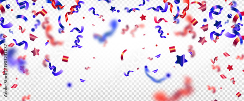 American confetti border with red and blue ribbons falling on transparent background. Patriotic USA frame for July 4th celebration, Independence Day party, or Memorial Day greeting template design.