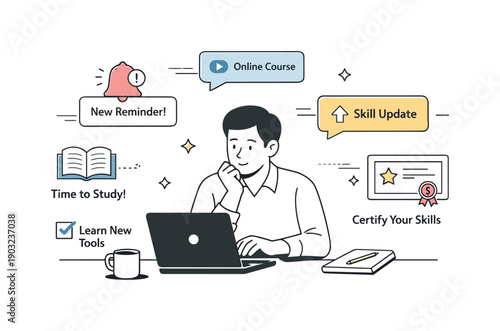 Keeping skills up to date. An editorial illustration showing notifications, learning reminders, and skill updates surrounding a focused