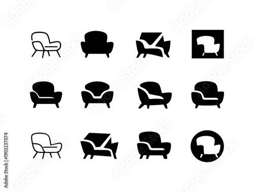 Interior aesthetics. Icon set. Set Logo of interior aesthetics: modern armchair silhouette. harmonious logo variations of the same emblematic