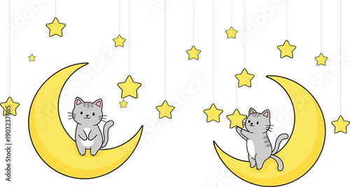 Cute kitten sitting on crescent moon with hanging stars illustration isolated on white background dreamy night cartoon vector design