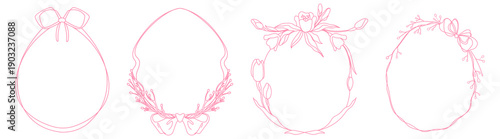 Whimsical Easter egg frames with delicate flower pattern and ribbon bow. Vector illustrations set of hand drawn spring borders with vintage ornamental design, pastel pink girly coquette prints