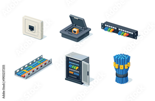 Structured cabling. Isometric flat vector icons set of structured cabling: wall Ethernet outlet, floor box RJ45 port, server rack patch