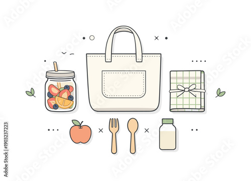 Minimal Eco Picnic. Minimal picnic accessories collection. Items like a cloth tote, fruit jar, and reusable napkin arranged symmetrically with neutral hues.
