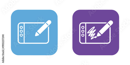 Two distinct icons illustrating a digital graphic tablet and a stylus, one poised for creation and the other actively sketching on a blue and purple background.