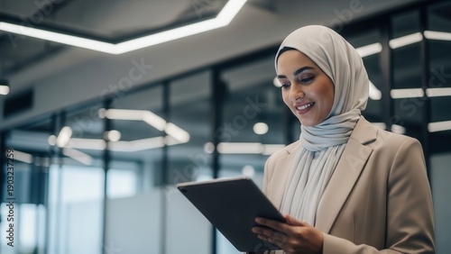 Muslim woman in hijab holding tablet in office