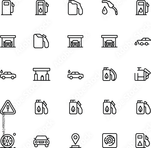 Black and white automotive fuel icon set, vector car symbols, gas pump illustrations, oil drop design elements, vehicle maintenance graphics, editable collection