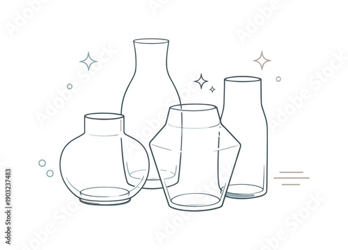 Minimalist Glass Elegance. Glass vases clear. Abstract clear vase shapes overlapping slightly with soft transparency effects and subtle shine. The illustration