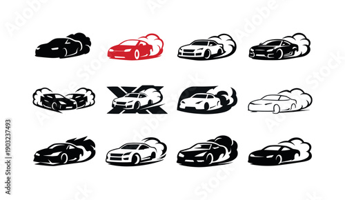 Drift. Icon set. Set Logo of drift: aggressive drift emblem. harmonious logo variations of the same emblematic concept, each with different