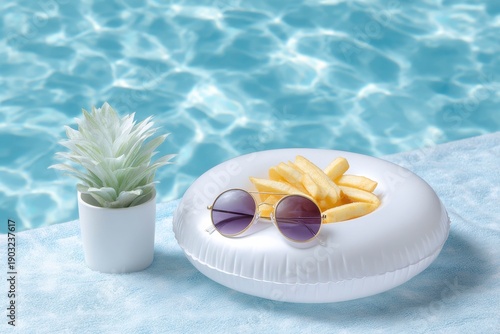 inflatable floatie with sunglasses and french fries, swimming pool background