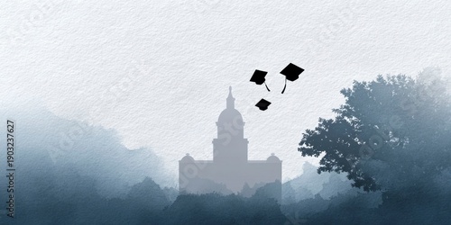 silhouette of students throwing their caps in the air at graduation, with an old university building silhouette in the background