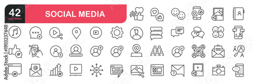 Set of line icons related to content, followers, like, story, sharing, influencer. Outline icons collection. Editable stroke. Vector illustration