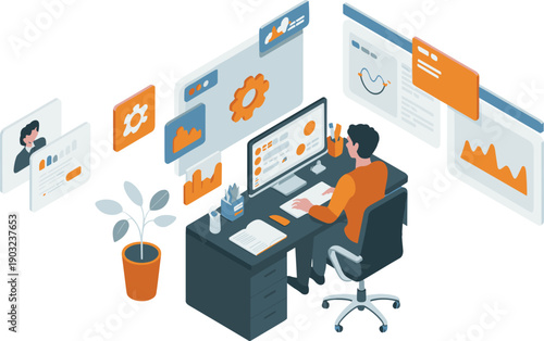 isometric service desk support illustration, customer help center workspace, technical assistance dashboard analytics, modern office technology vector concept design