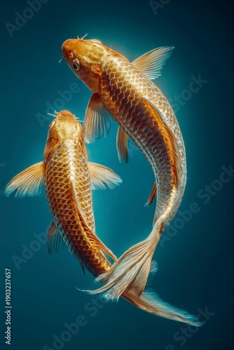 two golden koi fish, swimming in the water with their tails behind them, blue background