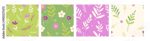 Seamless floral pattern, set of ditsy motifs, cartoon vector illustrations. Color backgrounds with wildflowers and leaves, spring and summer prints, cute simple childish or girly style backdrops