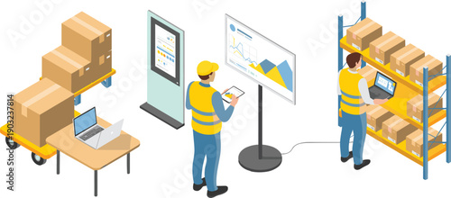 isometric warehouse logistics management illustration, inventory control workers scanning packages, supply chain analytics dashboard, modern storage distribution vector concept