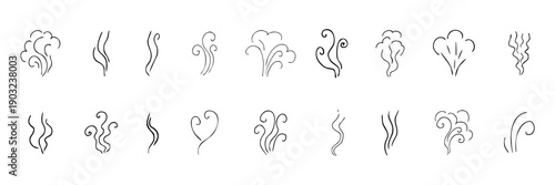 Smell steam and smoke lines icons set. Air wind and scent linear hand drawn doodle. Hot vapor, aroma, smell, waves from food sketch.