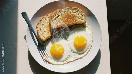 Breakfast on white plate two eggs, toasted bread, and a fork, steaming