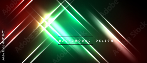 Abstract neon lines intersect, creating vibrant green, red gradients. Dark background emphasizes bright illumination, modern design elements.
