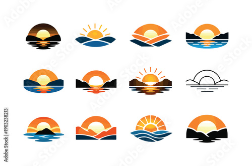 Sunrise and sunset over natural landscapes. Icon set. Set Logo of sunrise and sunset over natural landscapes: horizon sun disc. harmonious