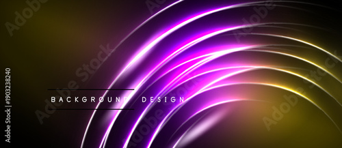 Abstract neon lines create dynamic curves. Gold, purple hues blend into black background. Modern design element.