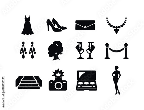 Red Carpet Elegance. Red Carpet Dress. Solid icon set of Red Carpet Dress: evening gown, high heels, clutch bag, diamond necklace, chandelier earrings, elegant