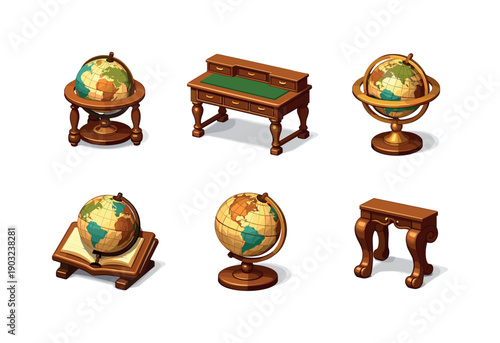 Vintage Study Icons. Vintage Study. Isometric flat vector icons set of Vintage Study: antique globe with stand, wooden writing desk, old-style map globe, brass