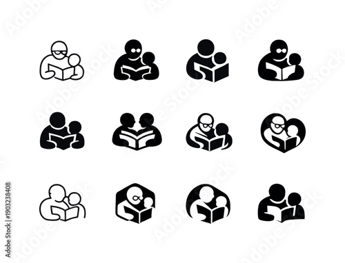Grandparent reading to child. Icon set. Set Logo of grandparent reading to child: elder with book and child silhouette. harmonious logo