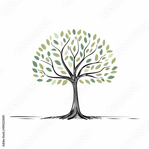 A simple yet elegant illustration of a flourishing tree with scattered leaves, symbolizing nature's beauty and growth