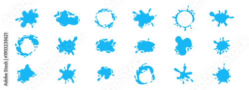 Water puddle splash frame, liquid shape with drops, abstract blob. Uneven wavy border edge set, paint, puddle, stain, rounded blot with splashes droplets.