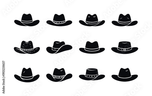 Old western hats. Solid icon set of old western hats: cowboy hat, ranch hat, worn western hat, creased crown hat, leather cowboy hat, dusty