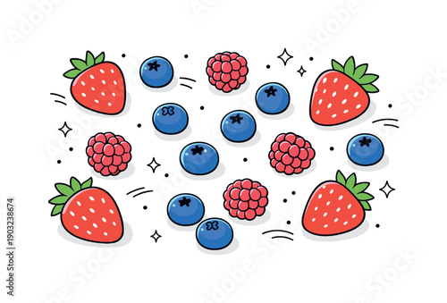 Fresh berries flat lay. Assorted berries like strawberries, blueberries and raspberries neatly arranged on a clean surface, bright and fresh