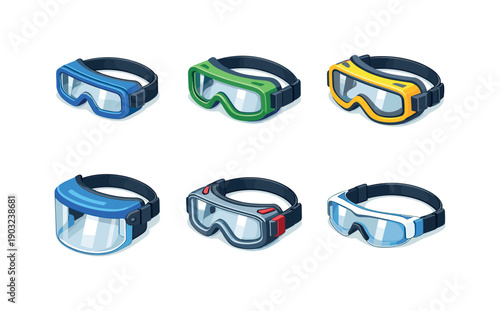 Workshop safety eyewear. Isometric flat vector icons set of workshop safety eyewear: compact safety goggles, flexible-frame