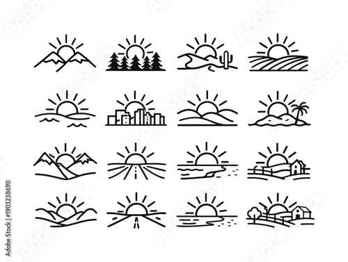 Sun over landscapes. Line icon set of sun over landscapes: sun over mountains, sun over forest, sun over desert, sun over fields, sun over