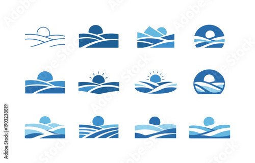 Snow-covered fields. Icon set. Set Logo of snow-covered fields: winter landscape horizon. harmonious logo variations of the same emblematic