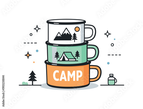 Stacked Camping Mugs. Stacked enamel mugs. Two or three camping mugs neatly stacked with minimalist graphics or labels, surrounded by subtle sparkles and