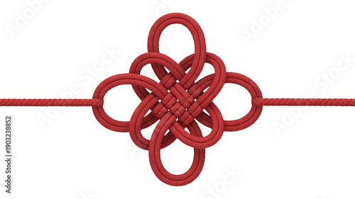 A detailed photograph of a traditional Chinese knot in deep red against a pure white background (4)_traced