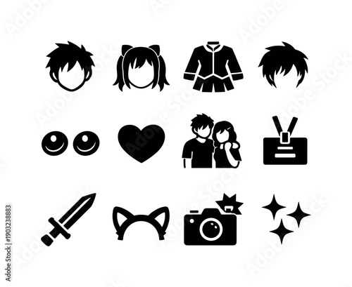 Anime Couple Cosplay Icons. Anime Couple Cosplay. Solid icon set of Anime Couple Cosplay: anime boy, anime girl, cosplay costume, wig, contact lenses, heart