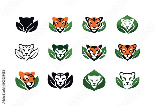 tiger preservation. Icon set. Set Logo of tiger preservation: tiger and leaf harmony. harmonious logo variations of the same emblematic