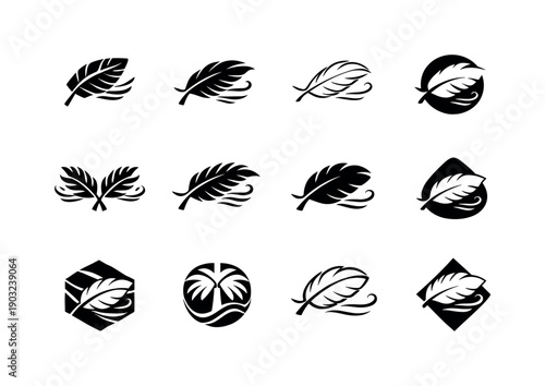 Coastal Breeze. Icon set. Set Logo of Coastal Breeze: palm leaf blowing in breeze. harmonious logo variations of the same emblematic concept,