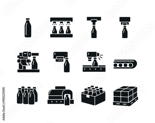 beverage bottling line. Solid icon set of beverage bottling line: empty bottle, rinsing station, filling valve, capping head, labeling