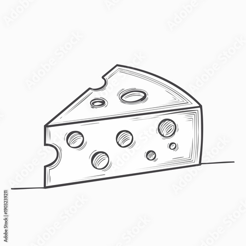 Hand-drawn sketch illustration of a classic wedge of Swiss cheese, featuring its characteristic holes and texture, depicted in a simple, minimalist line art style on a white background