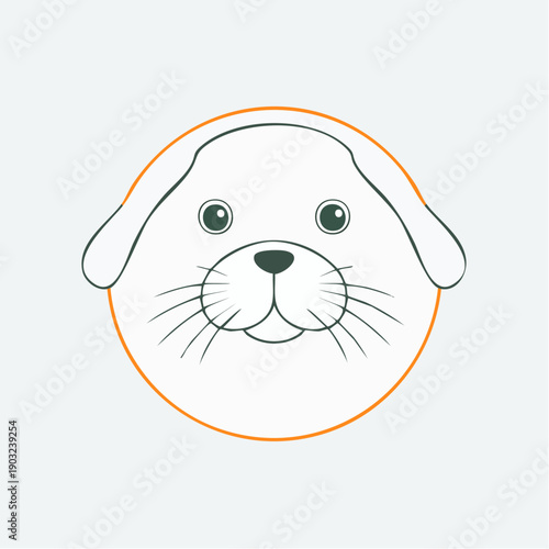A simplistic and adorable cartoon illustration featuring a dog's head, possibly a puppy or a seal, enclosed within a clean circular outline, presented as a graphic design element