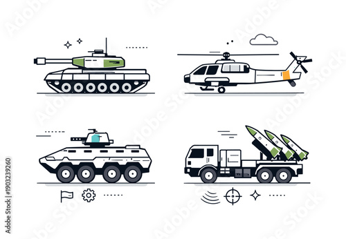 Military hardware. A clean editorial scene with simplified military vehicles displayed in a neutral, informational way. The mood is technical