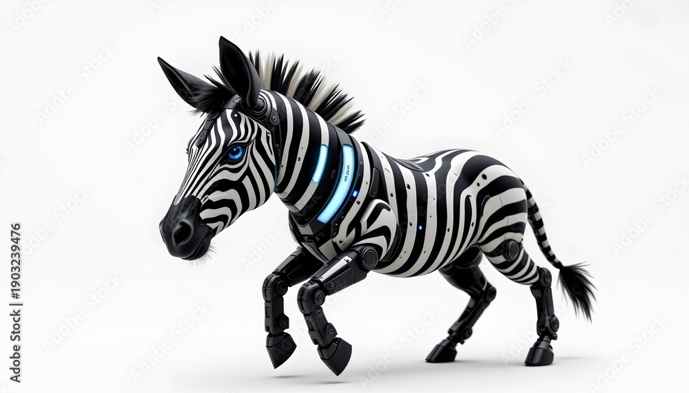 Obraz premium This is a digital image of a zebra like robot with a humanoid appearance, standing against a white background.