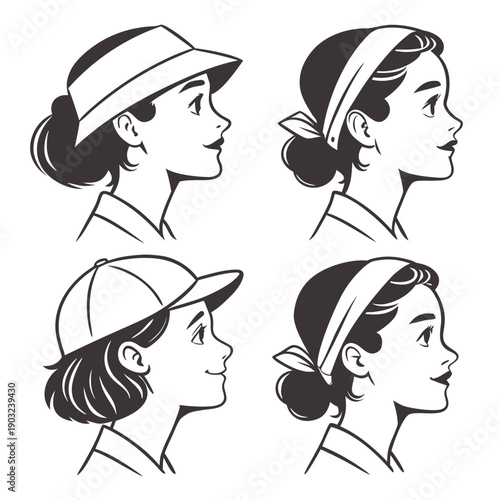 Four different ways to tie a headscarf on a woman's head. Vector