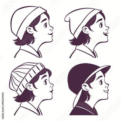 Four women showcasing different hairstyles and headwear options. Vector
