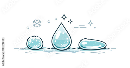 Cold frost droplets. Minimal composition with frozen water drops emphasizing texture, clarity and winter freshness. Quiet editorial scene