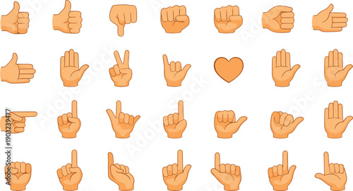 Hand gesture icon collection with thumbs up pointing peace sign fist heart and finger symbols isolated on white background flat cartoon vector illustration set