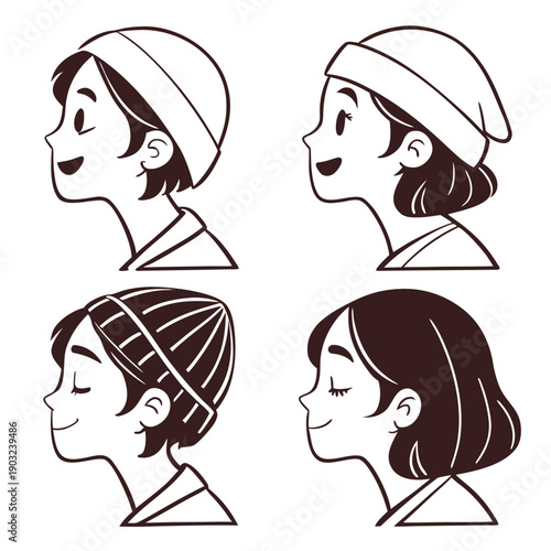 Four different ways to tie a headscarf on a woman's head Vector